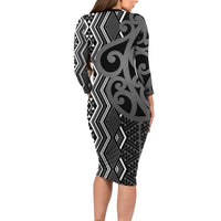 Maori Taniko Patterns Long Sleeve Bodycon Dress Black Patiki Motifs Mix Whakairo Ngaru LT7 - Polynesian Pride