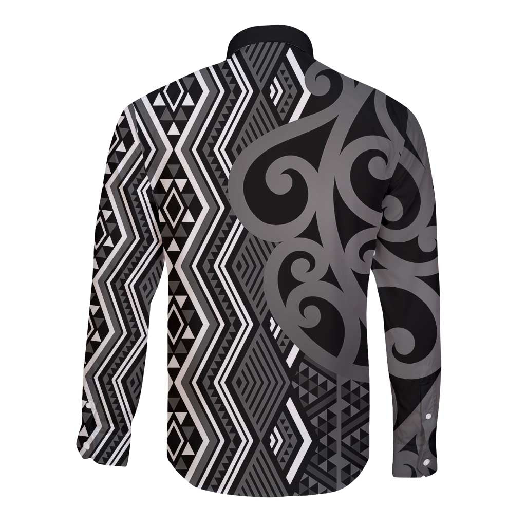 Maori Taniko Patterns Long Sleeve Button Shirt Black Patiki Motifs Mix Whakairo Ngaru