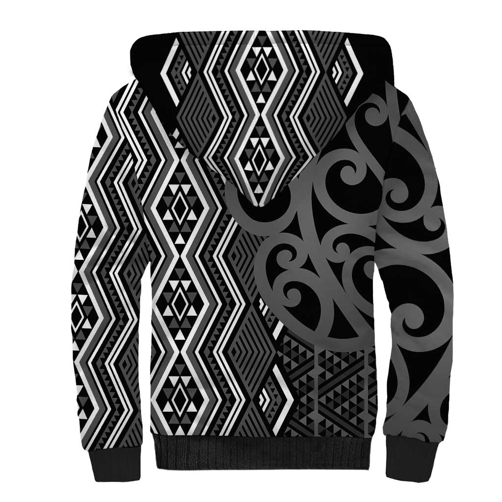 Maori Taniko Patterns Sherpa Hoodie Black Patiki Motifs Mix Whakairo Ngaru LT7 - Polynesian Pride