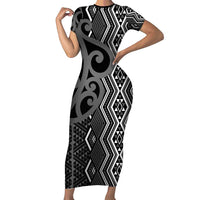 Maori Taniko Patterns Short Sleeve Bodycon Dress Black Patiki Motifs Mix Whakairo Ngaru LT7 Long Dress Black - Polynesian Pride