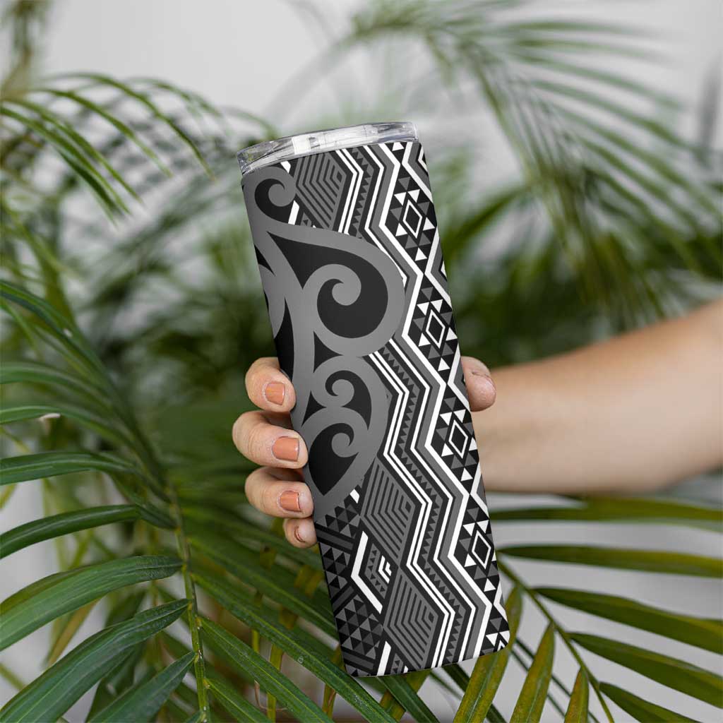 Maori Taniko Patterns Skinny Tumbler Black Patiki Motifs Mix Whakairo Ngaru LT7 - Polynesian Pride