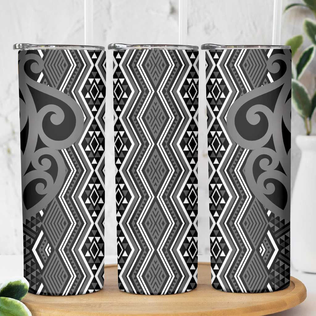 Maori Taniko Patterns Skinny Tumbler Black Patiki Motifs Mix Whakairo Ngaru LT7 - Polynesian Pride