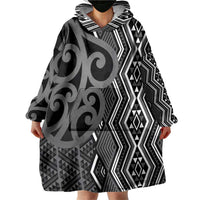 Maori Taniko Patterns Wearable Blanket Hoodie Black Patiki Motifs Mix Whakairo Ngaru LT7 - Polynesian Pride