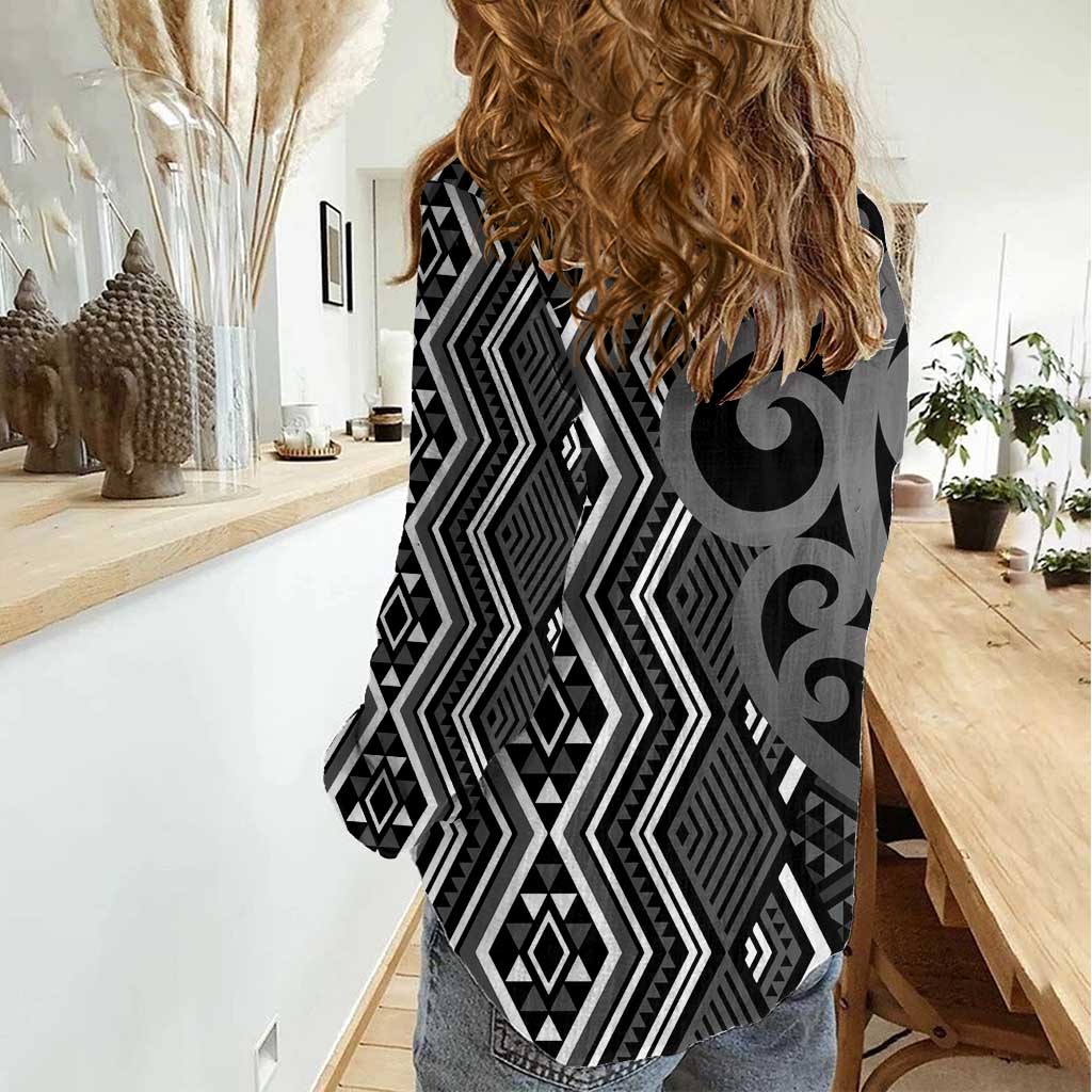 Maori Taniko Patterns Women Casual Shirt Black Patiki Motifs Mix Whakairo Ngaru LT7 - Polynesian Pride