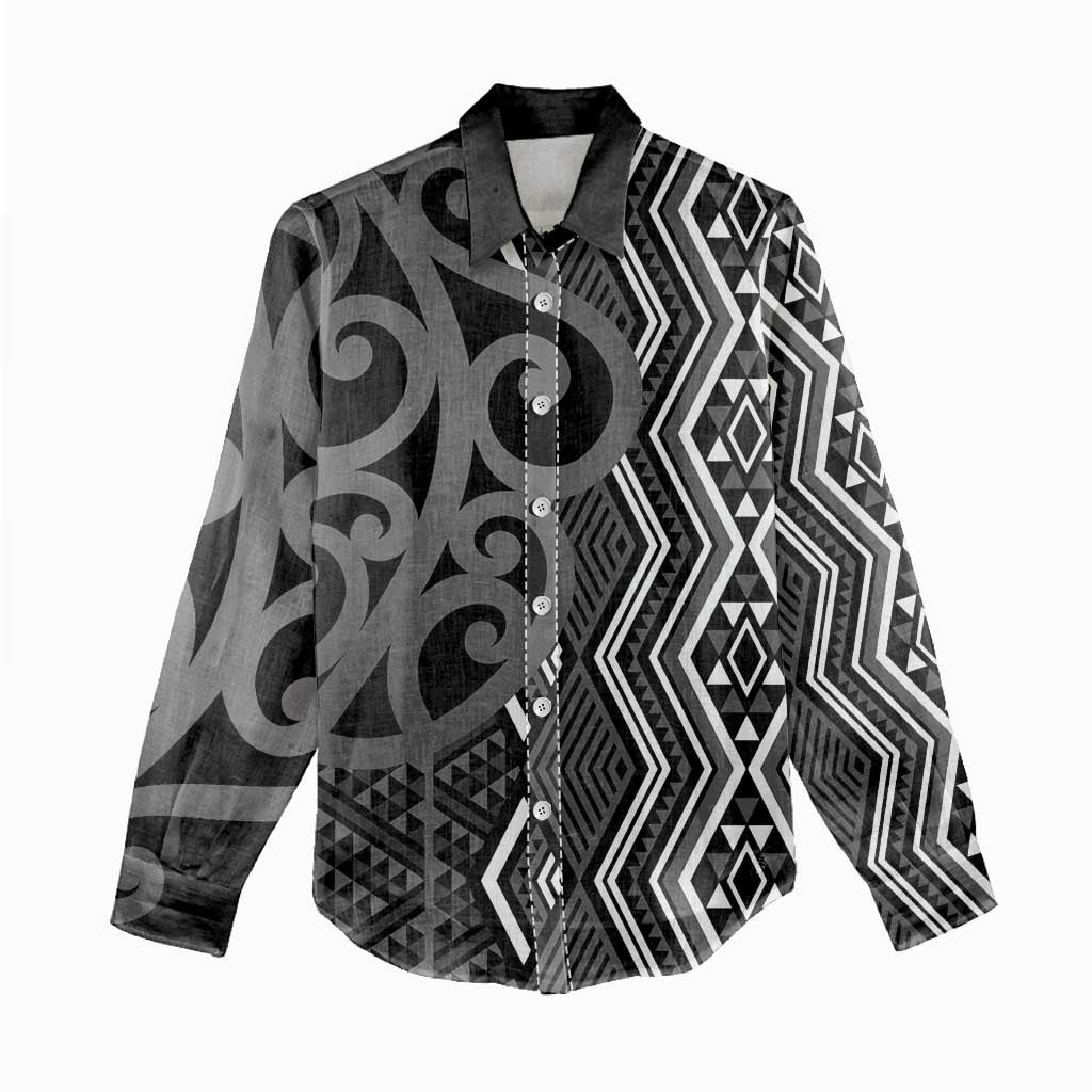 Maori Taniko Patterns Women Casual Shirt Black Patiki Motifs Mix Whakairo Ngaru LT7 - Polynesian Pride