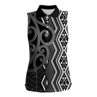 Maori Taniko Patterns Women Sleeveless Polo Shirt Black Patiki Motifs Mix Whakairo Ngaru LT7 Female Black - Polynesian Pride