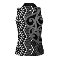 Maori Taniko Patterns Women Sleeveless Polo Shirt Black Patiki Motifs Mix Whakairo Ngaru LT7 - Polynesian Pride