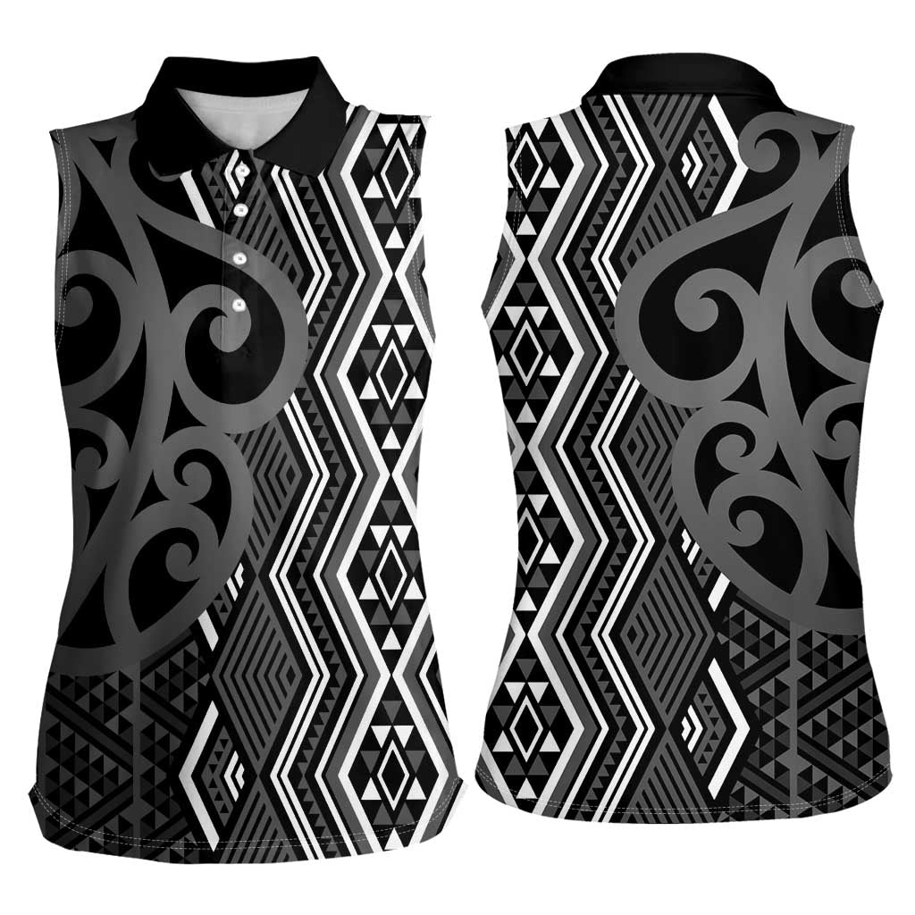 Maori Taniko Patterns Women Sleeveless Polo Shirt Black Patiki Motifs Mix Whakairo Ngaru LT7 - Polynesian Pride