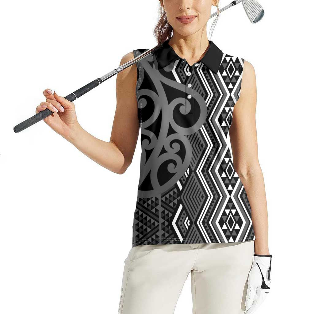 Maori Taniko Patterns Women Sleeveless Polo Shirt Black Patiki Motifs Mix Whakairo Ngaru LT7 - Polynesian Pride