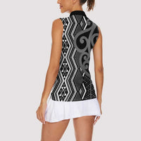 Maori Taniko Patterns Women Sleeveless Polo Shirt Black Patiki Motifs Mix Whakairo Ngaru LT7 - Polynesian Pride