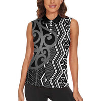 Maori Taniko Patterns Women Sleeveless Polo Shirt Black Patiki Motifs Mix Whakairo Ngaru LT7 - Polynesian Pride