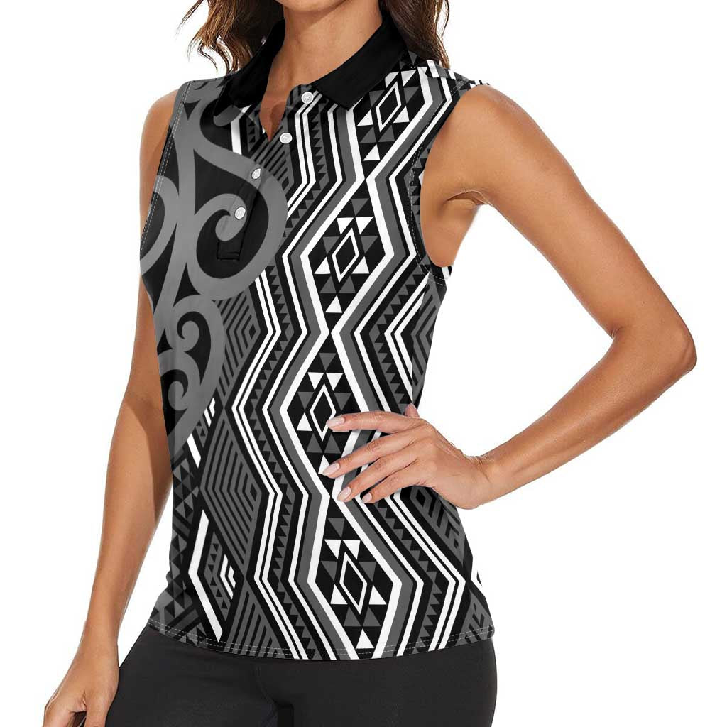 Maori Taniko Patterns Women Sleeveless Polo Shirt Black Patiki Motifs Mix Whakairo Ngaru LT7 - Polynesian Pride