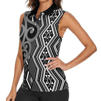Maori Taniko Patterns Women Sleeveless Polo Shirt Black Patiki Motifs Mix Whakairo Ngaru LT7 - Polynesian Pride