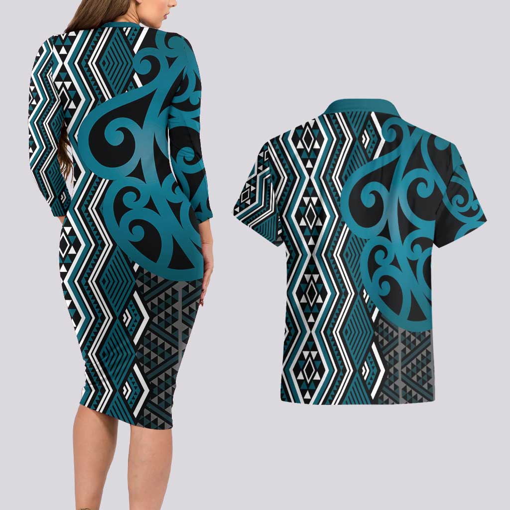 Maori Taniko Patterns Couples Matching Long Sleeve Bodycon Dress and Hawaiian Shirt Azure Patiki Motifs Mix Whakairo Ngaru LT7 - Polynesian Pride