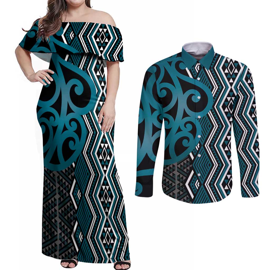 Maori Taniko Patterns Couples Matching Off Shoulder Maxi Dress and Long Sleeve Button Shirt Azure Patiki Motifs Mix Whakairo Ngaru LT7 Azure - Polynesian Pride