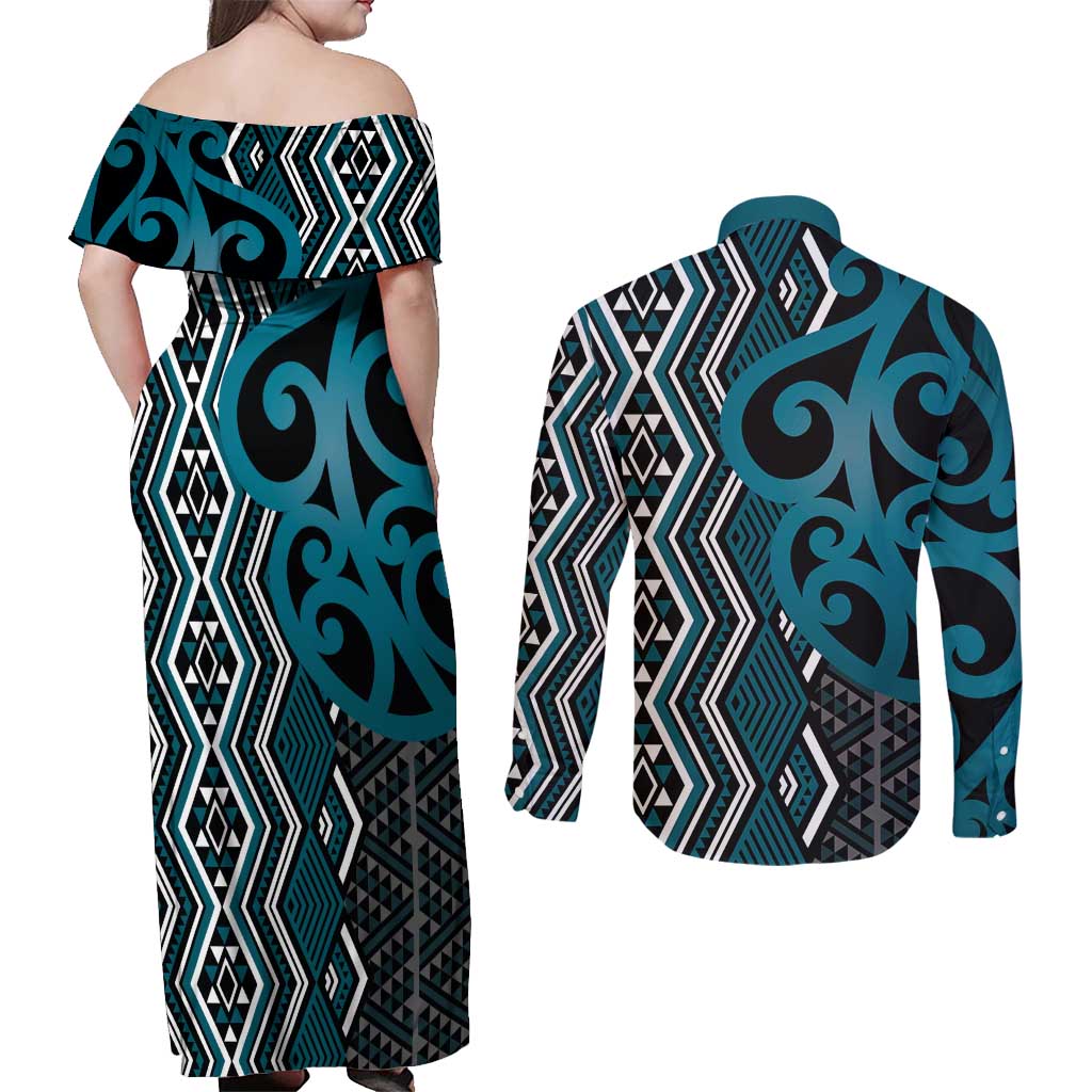Maori Taniko Patterns Couples Matching Off Shoulder Maxi Dress and Long Sleeve Button Shirt Azure Patiki Motifs Mix Whakairo Ngaru LT7 - Polynesian Pride