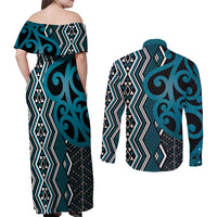 Maori Taniko Patterns Couples Matching Off Shoulder Maxi Dress and Long Sleeve Button Shirt Azure Patiki Motifs Mix Whakairo Ngaru LT7 - Polynesian Pride