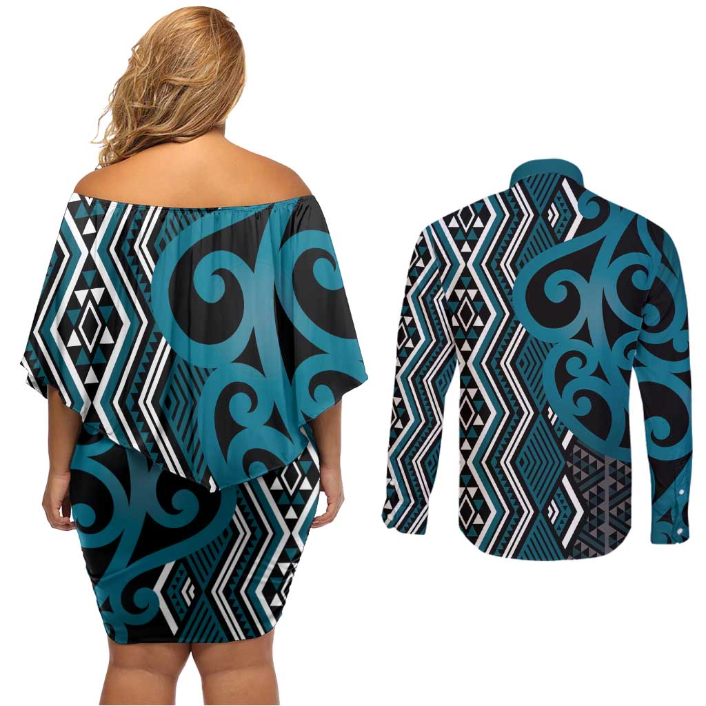Maori Taniko Patterns Couples Matching Off Shoulder Short Dress and Long Sleeve Button Shirt Azure Patiki Motifs Mix Whakairo Ngaru LT7 - Polynesian Pride