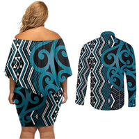 Maori Taniko Patterns Couples Matching Off Shoulder Short Dress and Long Sleeve Button Shirt Azure Patiki Motifs Mix Whakairo Ngaru LT7 - Polynesian Pride