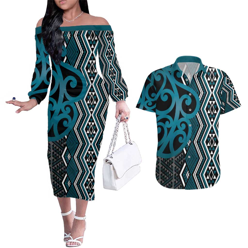 Maori Taniko Patterns Couples Matching Off The Shoulder Long Sleeve Dress and Hawaiian Shirt Azure Patiki Motifs Mix Whakairo Ngaru LT7 Azure - Polynesian Pride