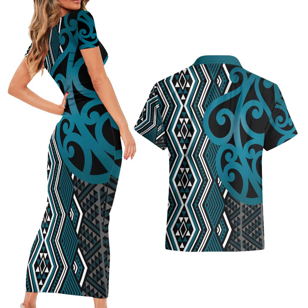 Maori Taniko Patterns Couples Matching Short Sleeve Bodycon Dress and Hawaiian Shirt Azure Patiki Motifs Mix Whakairo Ngaru LT7 - Polynesian Pride
