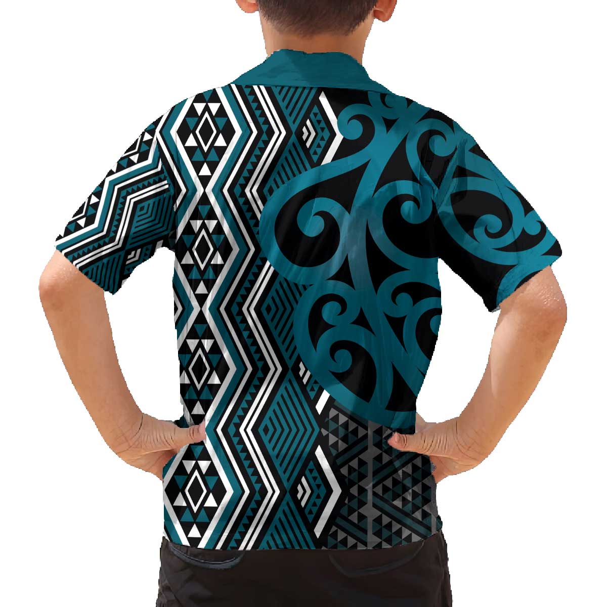 Maori Taniko Patterns Family Matching Off The Shoulder Long Sleeve Dress and Hawaiian Shirt Azure Patiki Motifs Mix Whakairo Ngaru LT7 - Polynesian Pride