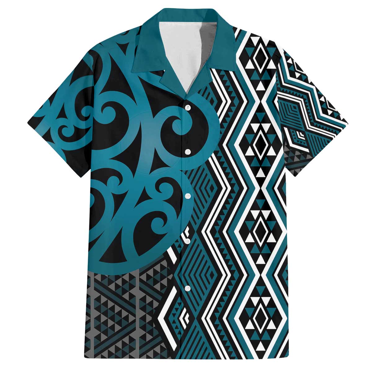 Maori Taniko Patterns Family Matching Off The Shoulder Long Sleeve Dress and Hawaiian Shirt Azure Patiki Motifs Mix Whakairo Ngaru LT7 Dad's Shirt - Short Sleeve Azure - Polynesian Pride