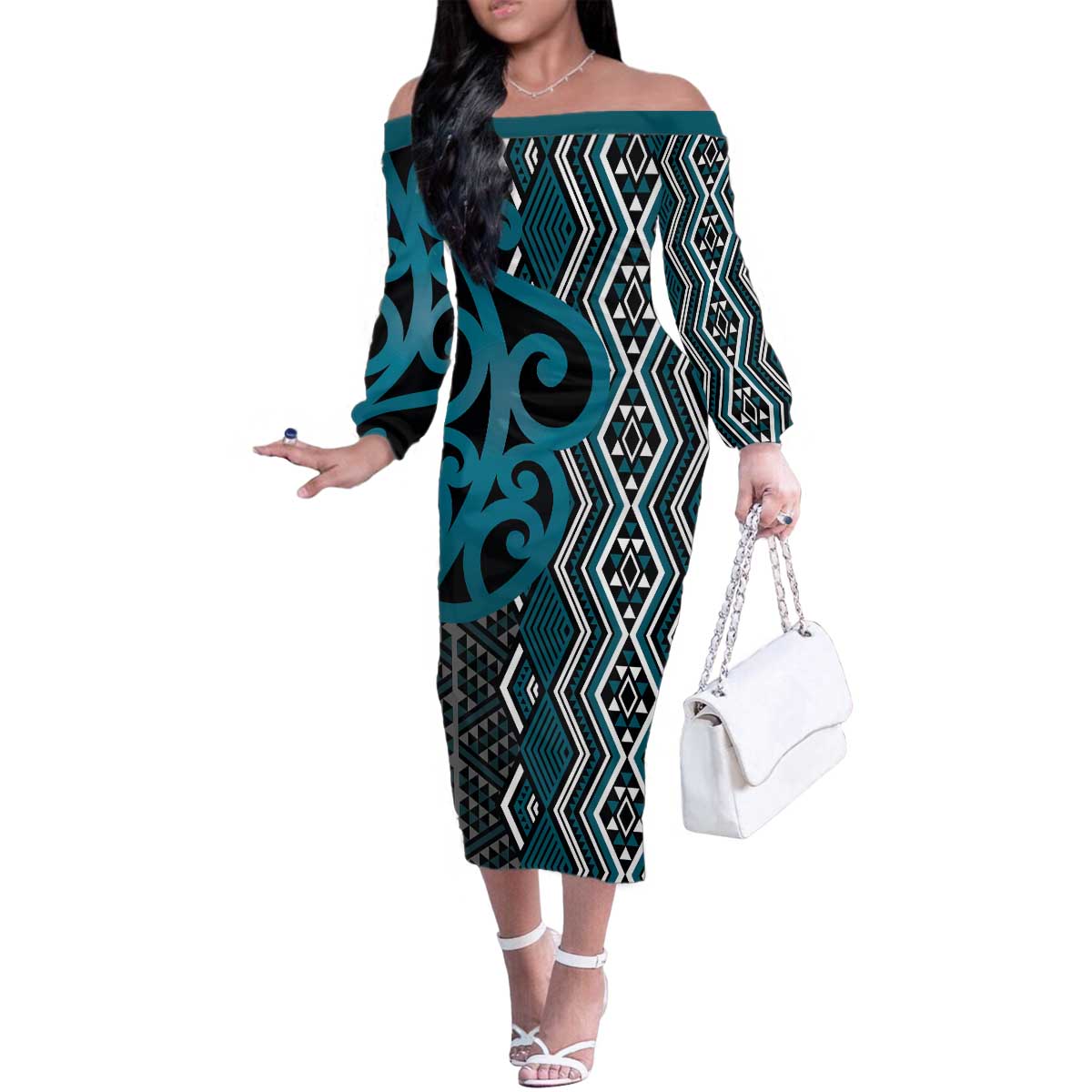 Maori Taniko Patterns Family Matching Off The Shoulder Long Sleeve Dress and Hawaiian Shirt Azure Patiki Motifs Mix Whakairo Ngaru LT7 Mom's Dress Azure - Polynesian Pride