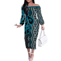Maori Taniko Patterns Family Matching Off The Shoulder Long Sleeve Dress and Hawaiian Shirt Azure Patiki Motifs Mix Whakairo Ngaru LT7 Mom's Dress Azure - Polynesian Pride