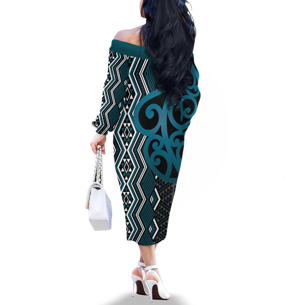 Maori Taniko Patterns Family Matching Off The Shoulder Long Sleeve Dress and Hawaiian Shirt Azure Patiki Motifs Mix Whakairo Ngaru LT7 - Polynesian Pride