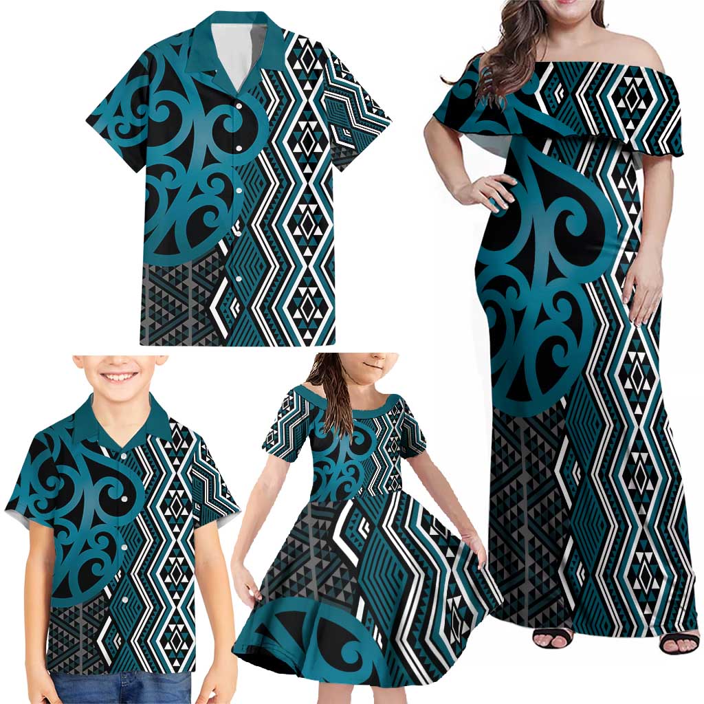 Maori Taniko Patterns Family Matching Off Shoulder Maxi Dress and Hawaiian Shirt Azure Patiki Motifs Mix Whakairo Ngaru LT7 - Polynesian Pride