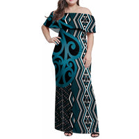 Maori Taniko Patterns Family Matching Off Shoulder Maxi Dress and Hawaiian Shirt Azure Patiki Motifs Mix Whakairo Ngaru LT7 Mom's Dress Azure - Polynesian Pride