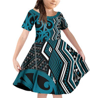 Maori Taniko Patterns Family Matching Off Shoulder Short Dress and Hawaiian Shirt Azure Patiki Motifs Mix Whakairo Ngaru LT7 Daughter's Dress Azure - Polynesian Pride
