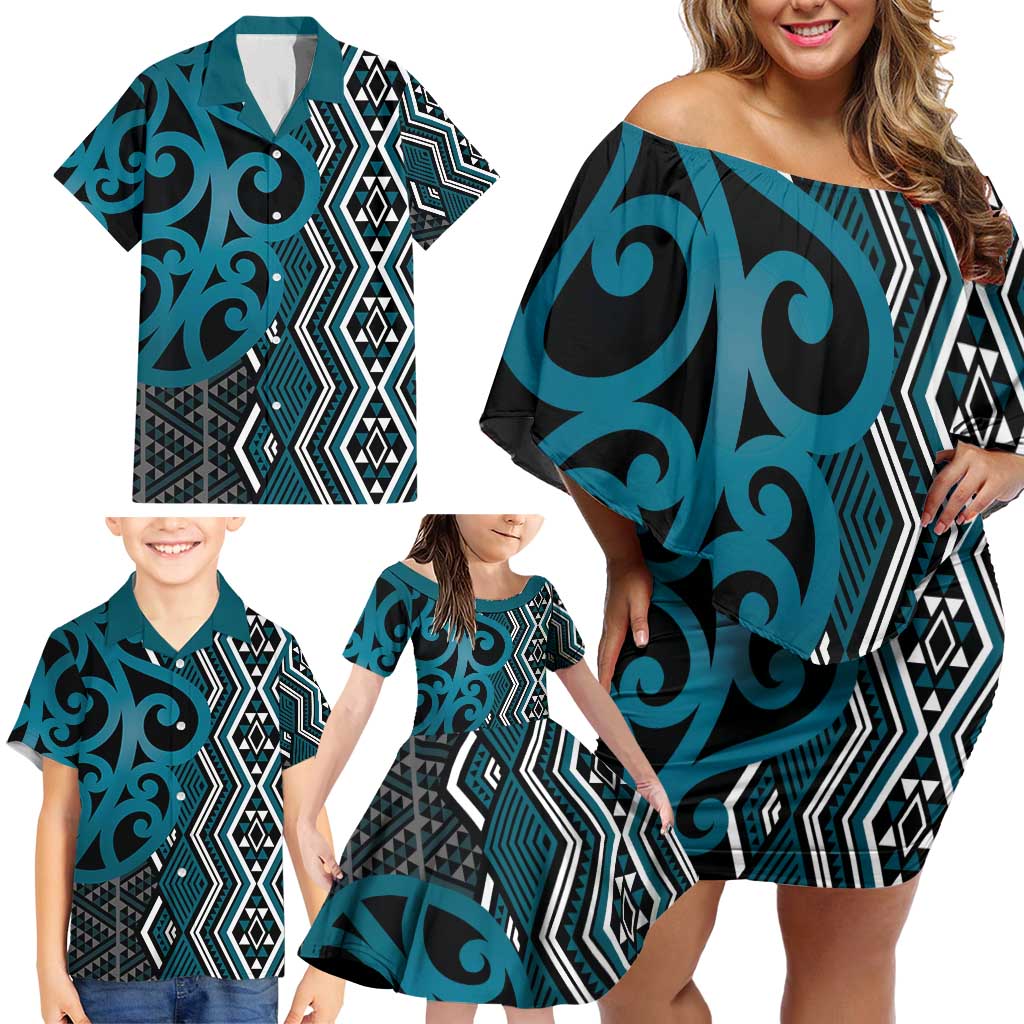 Maori Taniko Patterns Family Matching Off Shoulder Short Dress and Hawaiian Shirt Azure Patiki Motifs Mix Whakairo Ngaru LT7 - Polynesian Pride