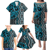 Maori Taniko Patterns Family Matching Puletasi and Hawaiian Shirt Azure Patiki Motifs Mix Whakairo Ngaru LT7 - Polynesian Pride