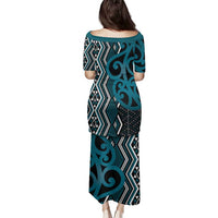 Maori Taniko Patterns Family Matching Puletasi and Hawaiian Shirt Azure Patiki Motifs Mix Whakairo Ngaru LT7 - Polynesian Pride