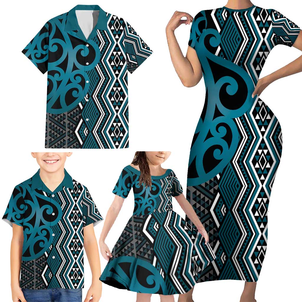 Maori Taniko Patterns Family Matching Short Sleeve Bodycon Dress and Hawaiian Shirt Azure Patiki Motifs Mix Whakairo Ngaru LT7 - Polynesian Pride