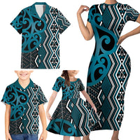 Maori Taniko Patterns Family Matching Short Sleeve Bodycon Dress and Hawaiian Shirt Azure Patiki Motifs Mix Whakairo Ngaru LT7 - Polynesian Pride