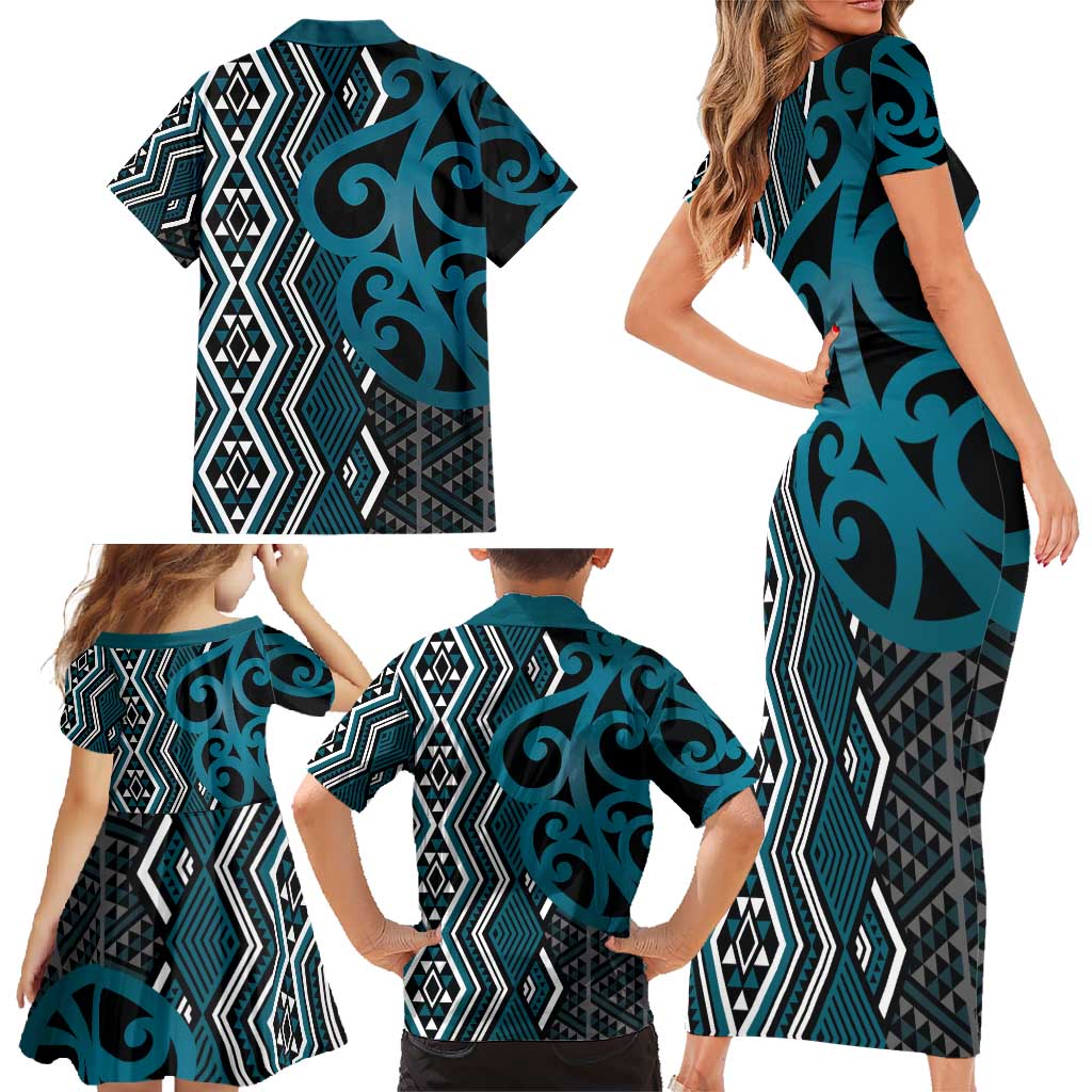 Maori Taniko Patterns Family Matching Short Sleeve Bodycon Dress and Hawaiian Shirt Azure Patiki Motifs Mix Whakairo Ngaru LT7 - Polynesian Pride