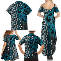 Maori Taniko Patterns Family Matching Summer Maxi Dress and Hawaiian Shirt Azure Patiki Motifs Mix Whakairo Ngaru LT7 - Polynesian Pride