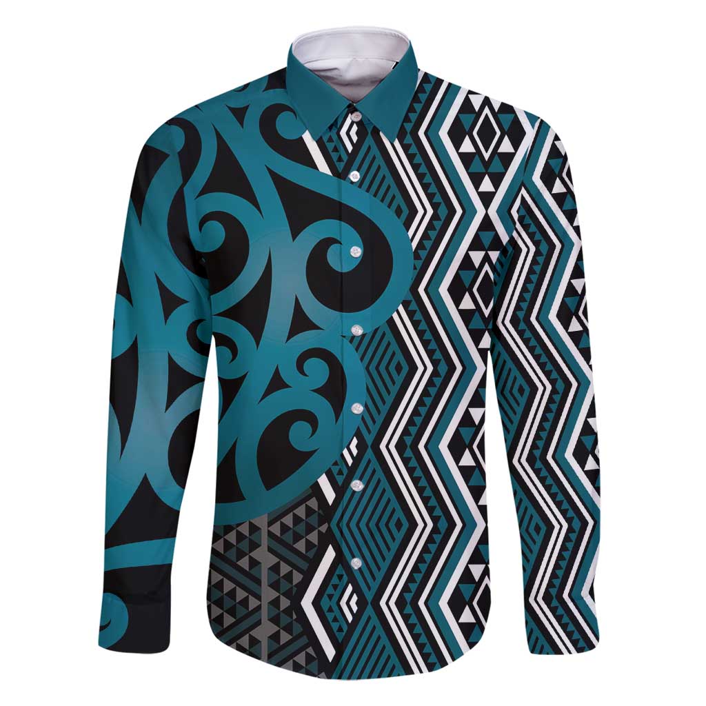 Maori Taniko Patterns Family Matching Summer Maxi Dress and Hawaiian Shirt Azure Patiki Motifs Mix Whakairo Ngaru LT7 Dad's Shirt - Long Sleeve Azure - Polynesian Pride