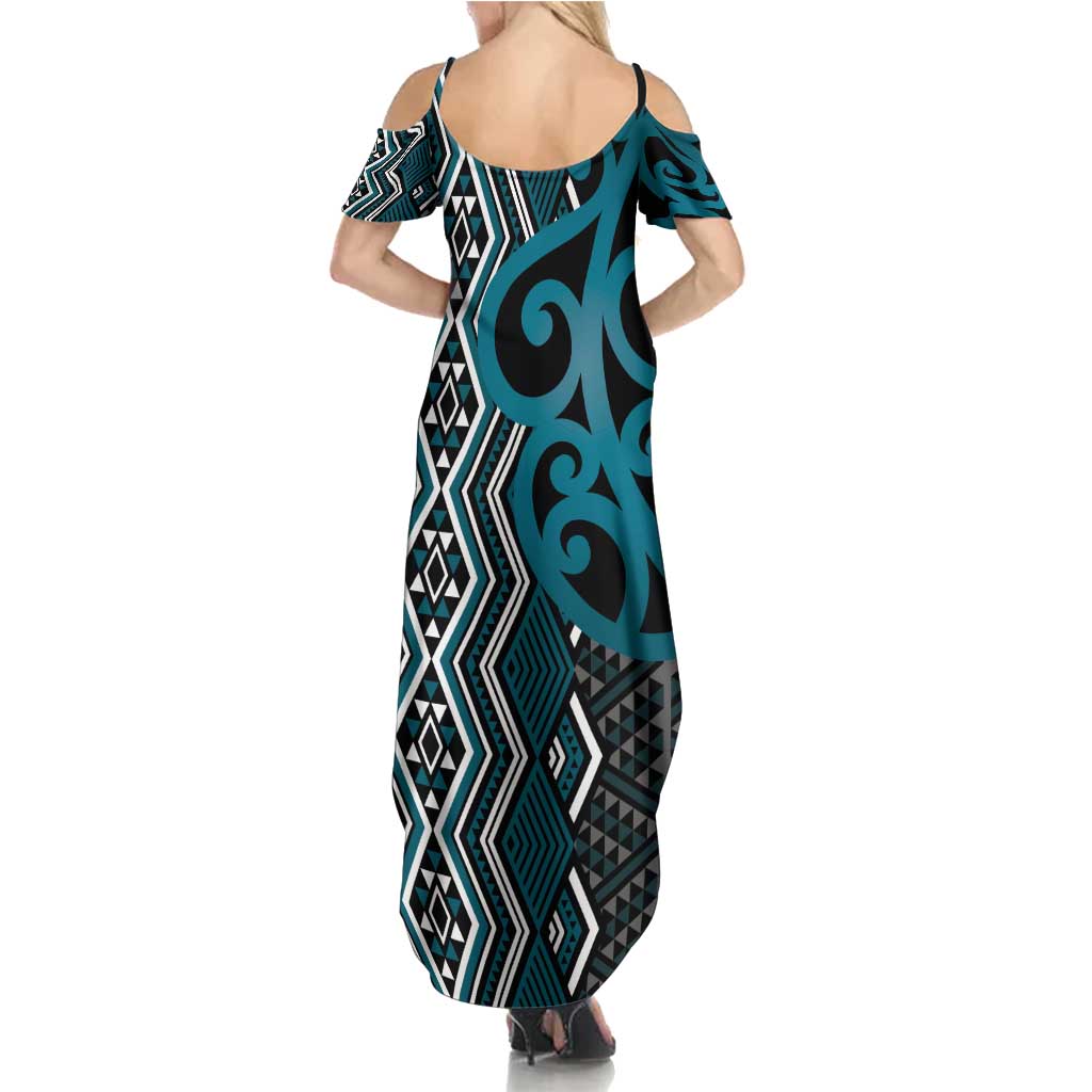 Maori Taniko Patterns Family Matching Summer Maxi Dress and Hawaiian Shirt Azure Patiki Motifs Mix Whakairo Ngaru LT7 - Polynesian Pride