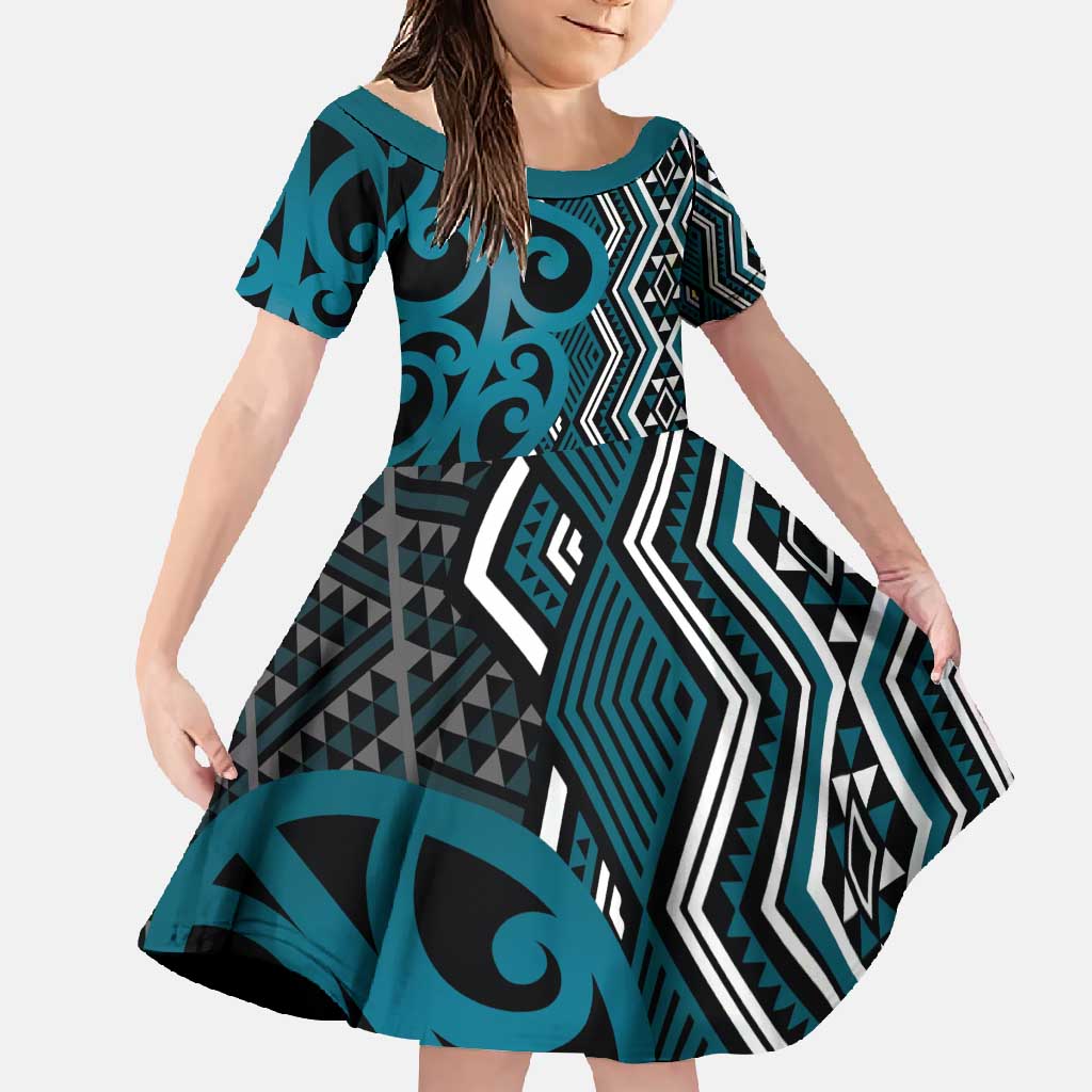 Maori Taniko Patterns Family Matching Tank Maxi Dress and Hawaiian Shirt Azure Patiki Motifs Mix Whakairo Ngaru LT7 Daughter's Dress Azure - Polynesian Pride