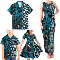 Maori Taniko Patterns Family Matching Tank Maxi Dress and Hawaiian Shirt Azure Patiki Motifs Mix Whakairo Ngaru LT7 - Polynesian Pride