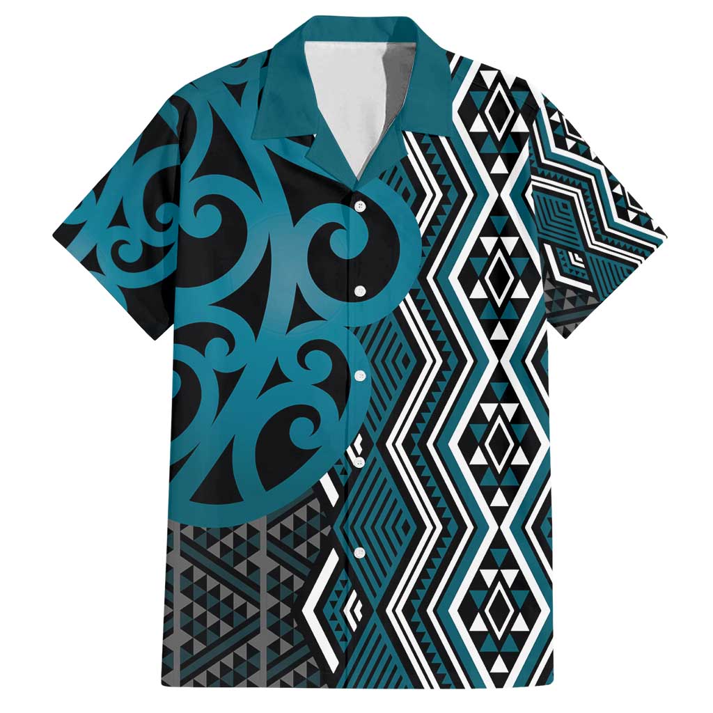 Maori Taniko Patterns Family Matching Tank Maxi Dress and Hawaiian Shirt Azure Patiki Motifs Mix Whakairo Ngaru LT7 Dad's Shirt - Short Sleeve Azure - Polynesian Pride