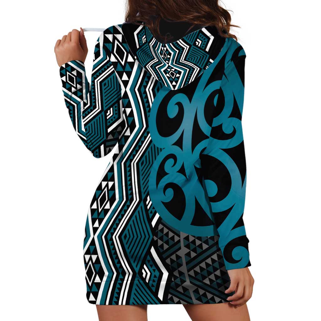 Maori Taniko Patterns Hoodie Dress Azure Patiki Motifs Mix Whakairo Ngaru LT7 - Polynesian Pride