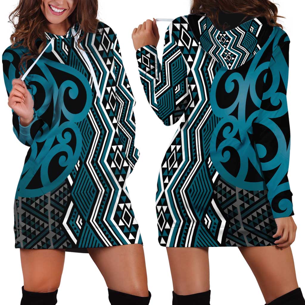 Maori Taniko Patterns Hoodie Dress Azure Patiki Motifs Mix Whakairo Ngaru LT7 - Polynesian Pride
