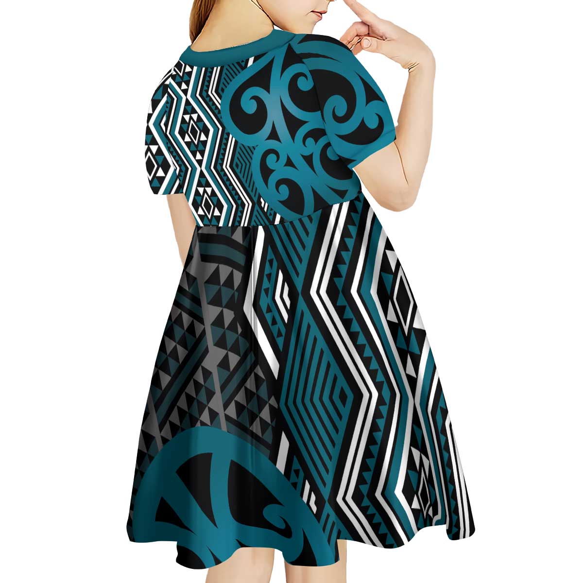 Maori Taniko Patterns Kid Short Sleeve Dress Azure Patiki Motifs Mix Whakairo Ngaru LT7 - Polynesian Pride