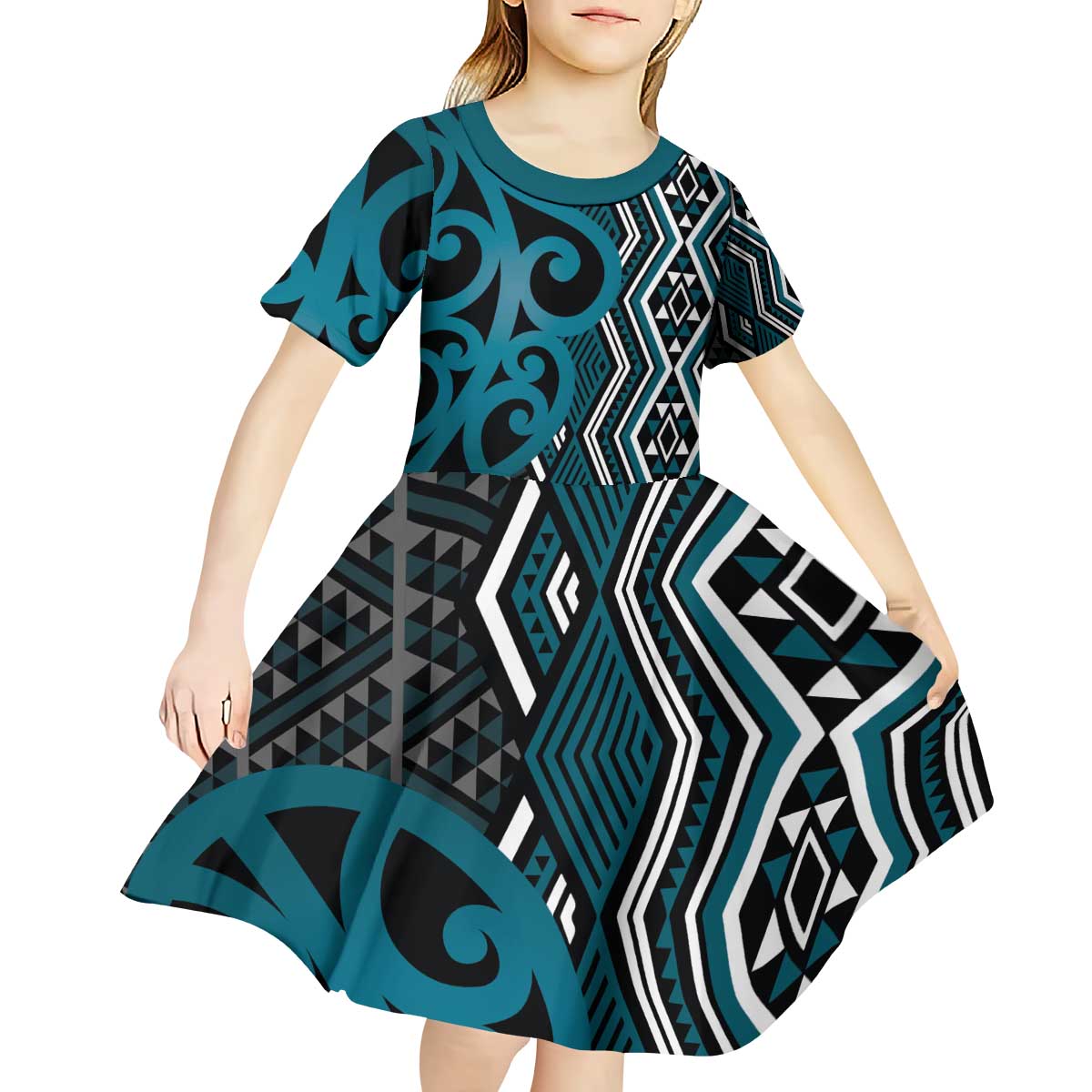 Maori Taniko Patterns Kid Short Sleeve Dress Azure Patiki Motifs Mix Whakairo Ngaru LT7 - Polynesian Pride