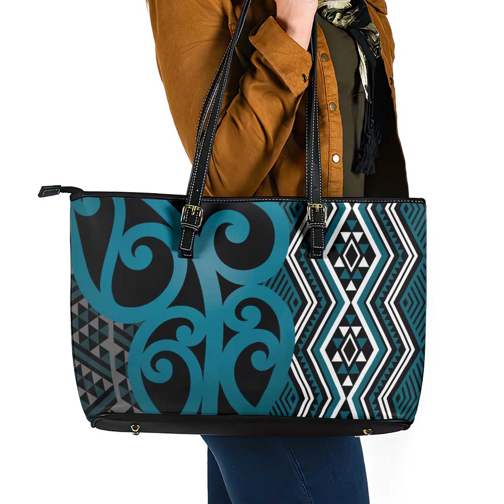 Maori Taniko Patterns Leather Tote Bag Azure Patiki Motifs Mix Whakairo Ngaru